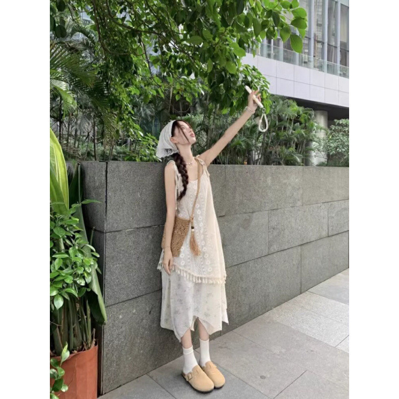海边度假风假两件吊带连衣裙女夏气质仙印花流苏不规则沙滩长裙|undefined
