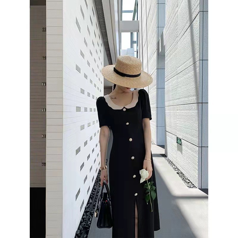 ChicShe French Hepburn Plus Size European And American Style Doll Collar Loose Mid-Length Single-Breasted Summer Black Dress_voghion.com