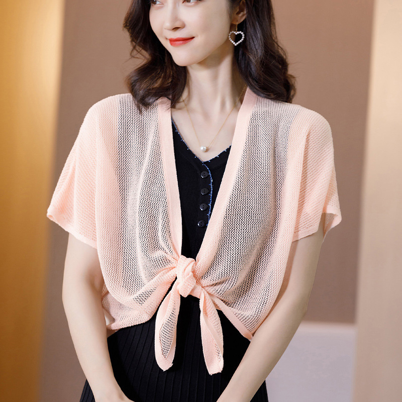 2026 Summer New Style Ice Silk Shawl Short-Sleeved Thin Knitted Cardigan with Skirt Small Shawl Plus Size Women's Top
