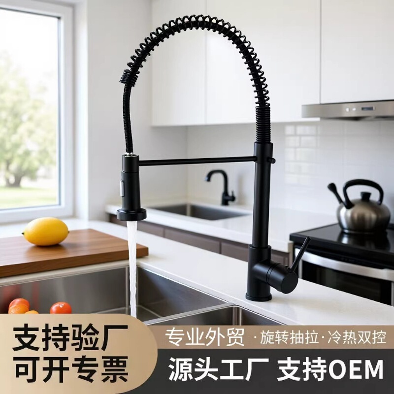 Cross-border black stainless steel spring faucet for kitchen, suitable for hot and cold water sinks, dishwashing and vegetable washing, with rotatable dual water outlets Cross-border black stainless steel spring faucet for kitchen, suitable for hot and cold water sinks, dishwashing and vegetable washing, with rotatable dual water outlets