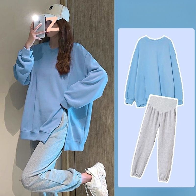 New spring and autumn maternity outfit, fashionable and stylish for outings, Korean-style autumn sweatshirt, loose-fitting, plus-size, sporty and casual two-piece set New spring and autumn maternity outfit, fashionable and stylish for outings, Korean-style autumn sweatshirt, loose-fitting, plus-size, sporty and casual two-piece set