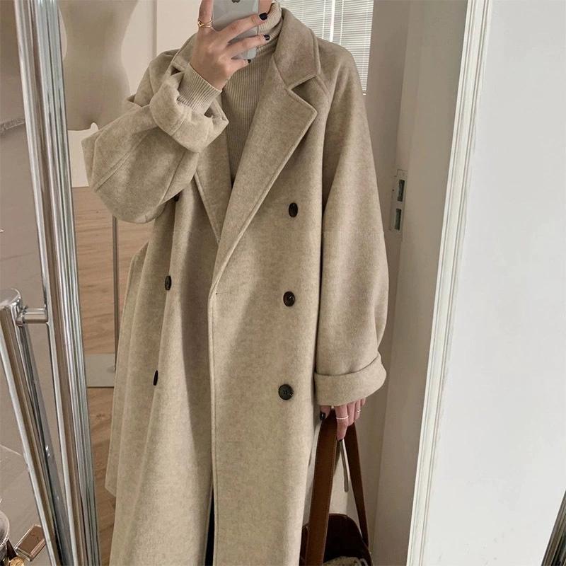 Black long spring woolen coat, mid-length, Korean style