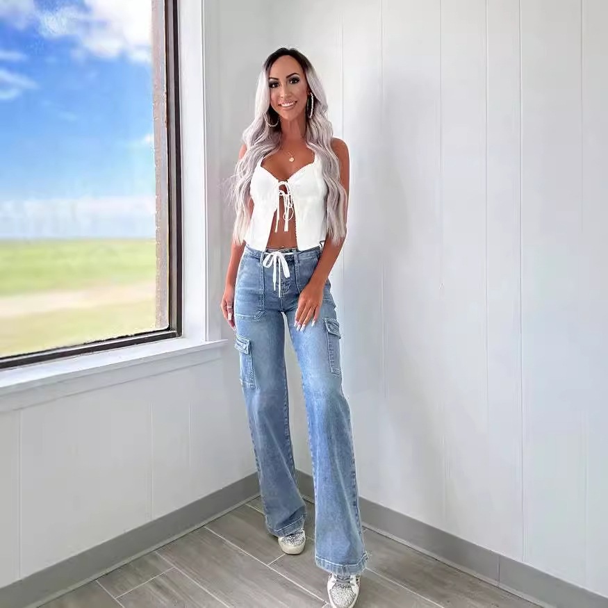 Jeans Cargo Rectos para Mujer de Mezclilla de Algodón y Poliéster con Múltiples Bolsillos para Uso Casual