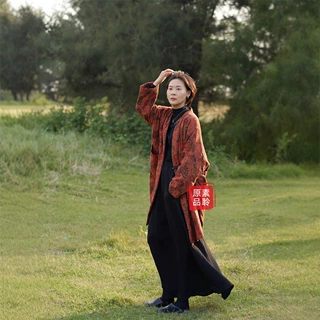 秋冬季斜纹棉印花新中式夹棉服宽松保暖复古中长款上衣外套S1907