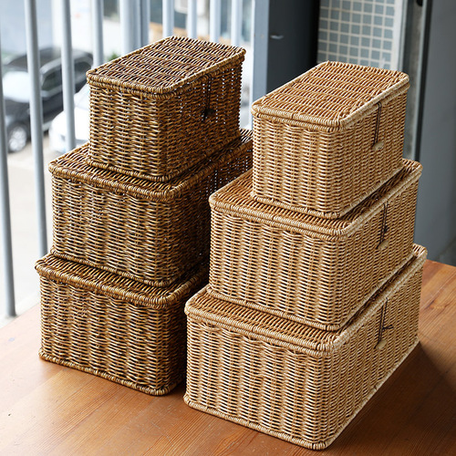 European plastic imitation rattan woven storage box with lid household storage basket desktop storage box