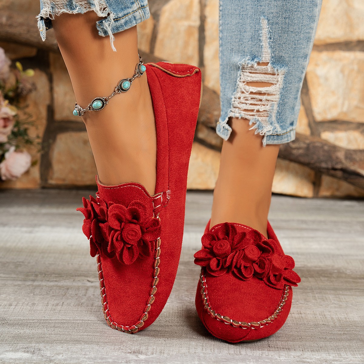 Wish 2024 Spring/Summer New European And American Style Square-Toed Flat Flower Loafers Women's Casual Slip-On_vogvips.com