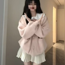 秋冬季软妹温柔风套装女粉色开衫毛衣娃娃领内搭衬衫百褶裙三件套