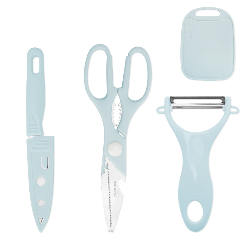 Cuchillo de frutas suplementarios para bebés de cuatro piezas Cuchillo de acero inoxidable Cuchillo de cepillado de melón Juego de tabla de cortar para verduras pp al por mayor