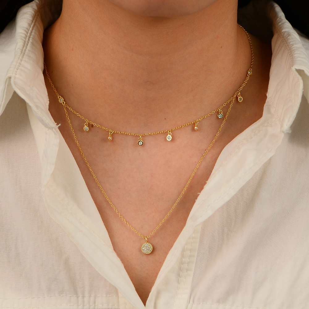 Joyas transfronterizas europeas y americanas s925 collar de doble capa de plata esterlina mujer simple y versátil moda lunares circón cadena corta de clavícula