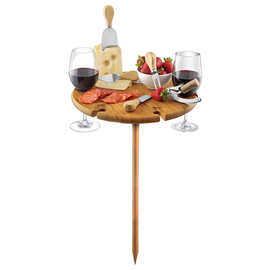 竹制野餐桌创意酒杯架户外便携野餐板实木可拆卸式餐桌节日派对