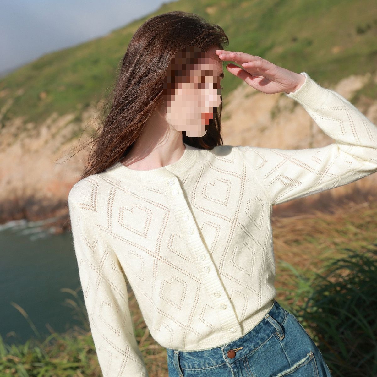 桐乡镂空菱格针织圆领开衫女2025春秋新款长袖短款毛衣百搭简约