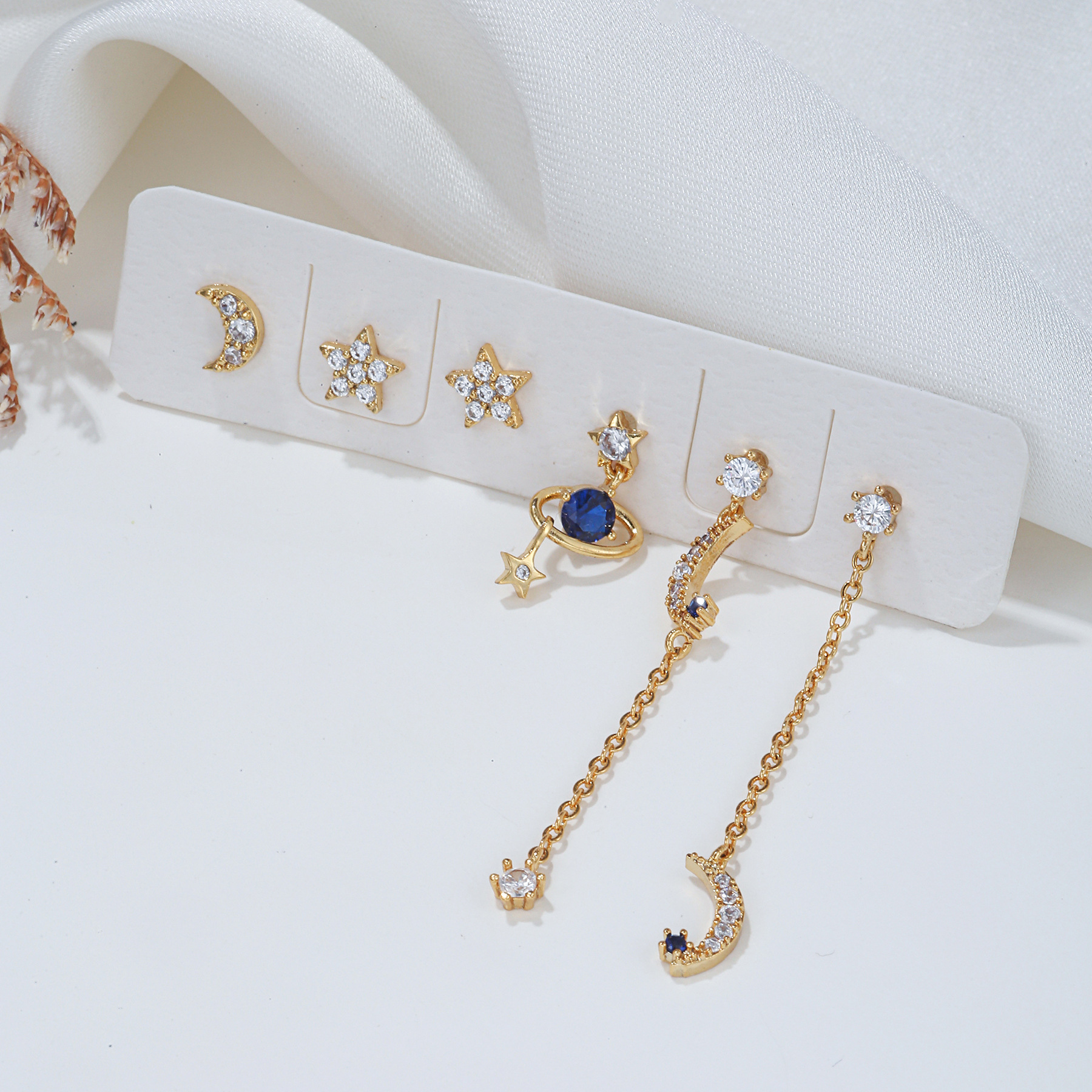 Fashion Star Moon Copper Inlay Zircon Drop Earrings 5 Pieces