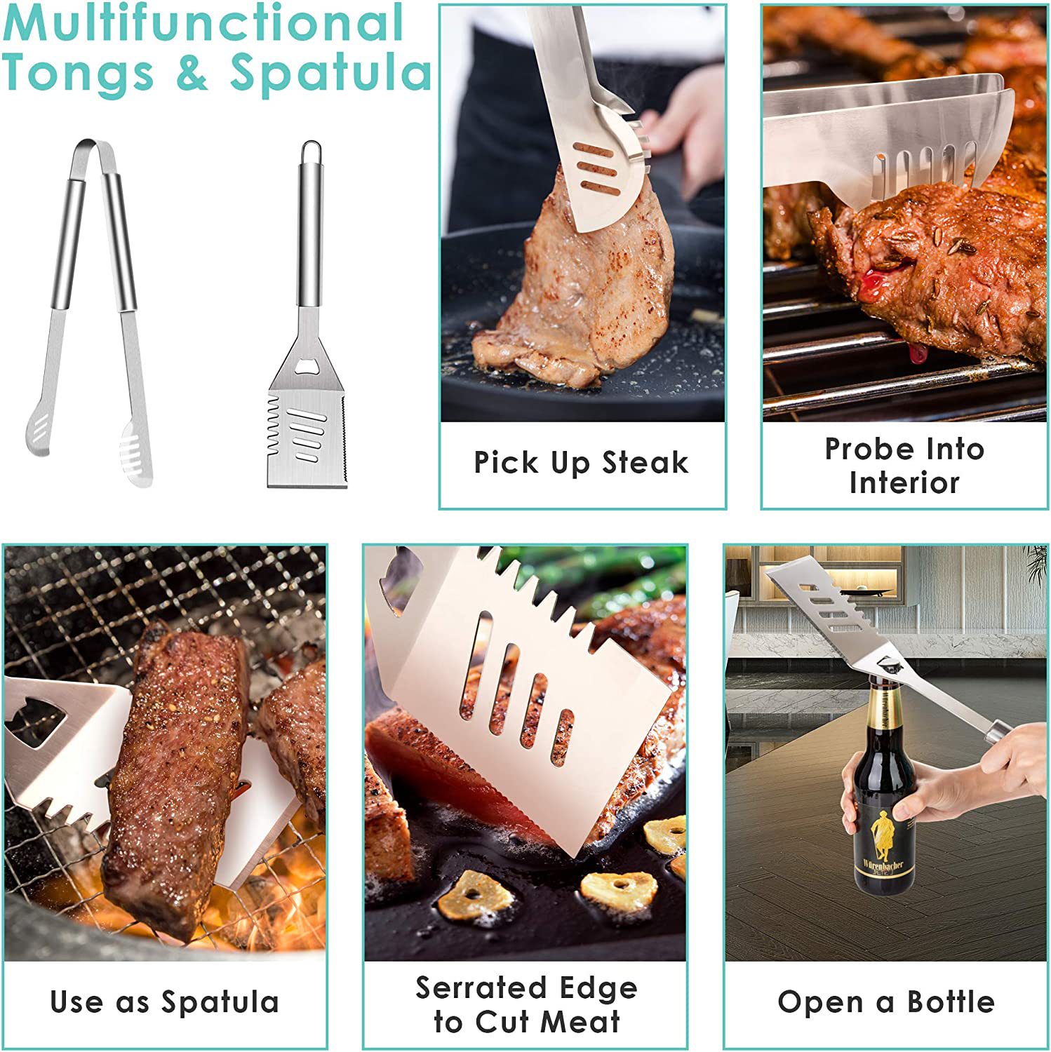 Exportación Amazon Acero inoxidable barbacoa herramientas traje camping barbacoa tenedor pala clip cadena cepillo accesorios utensilios de barbacoa