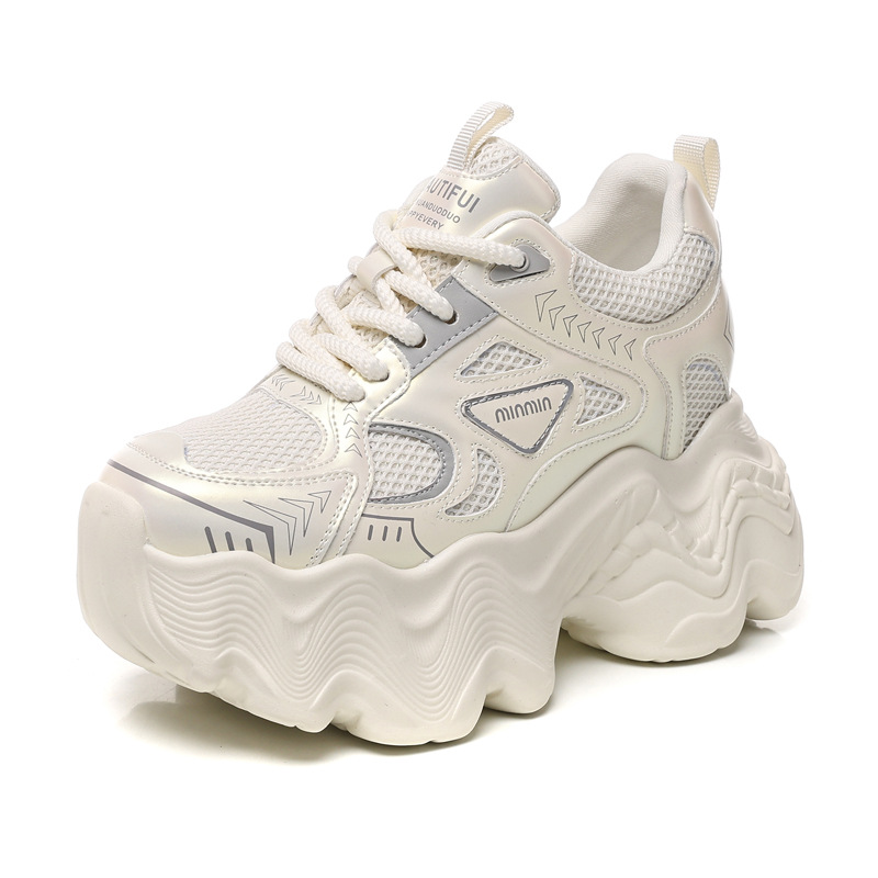 Giày thể thao nữ đế dày tăng chiều cao lưới thoáng khí phong cách dad sneaker — Màu be