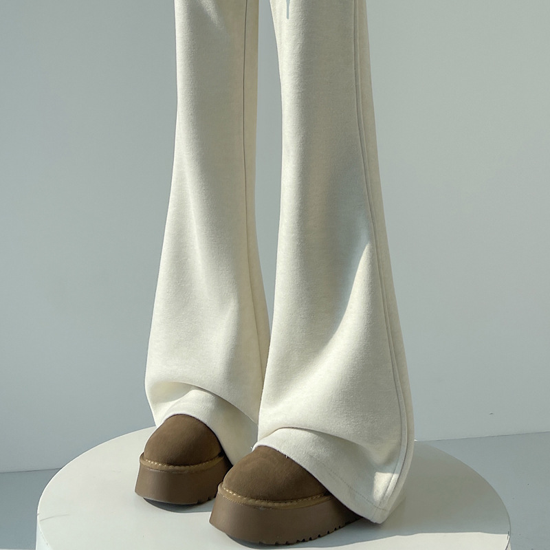 2025 Autumn/Winter New Style Short-Sleeved Fleece Pants for Women, Slightly Flared Cashmere High-Waisted Casual Wide-Leg Bell-Bottom Floor-Length Pants for Women