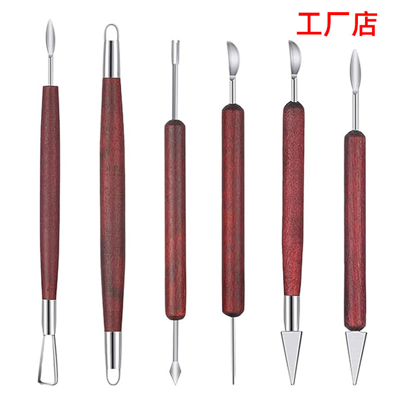6 PCs clay carving clay pottery tools red wooden handle double-sided suit for pottery clay ware ceramic carving 6 PCs clay carving clay pottery tools red wooden handle double-sided suit for pottery clay ware ceramic carving