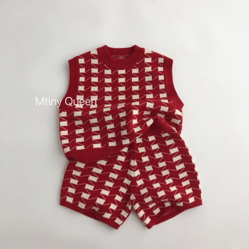 New Year Set ~ Christmas Korean Style Autumn and Winter Children's Sweaters for Men and Women Trendy Red Knitted Printed Plaid Vest Shorts Sen