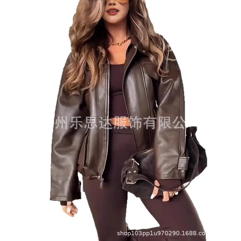欧美跨境女装亚马逊独立站美式复古翻领气质休闲皮夹克皮衣外套女|undefined