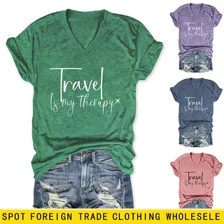 travel is my therapy欧美ebay独立站休闲简约百搭女士V领短袖T恤