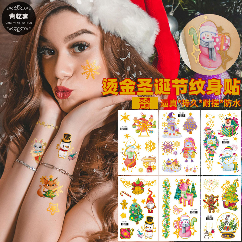 Cross-Border Supply Wholesale Hot Stamping Christmas Temporary Tattoo Stickers Cartoon Cute Santa Claus Snowman Gifts