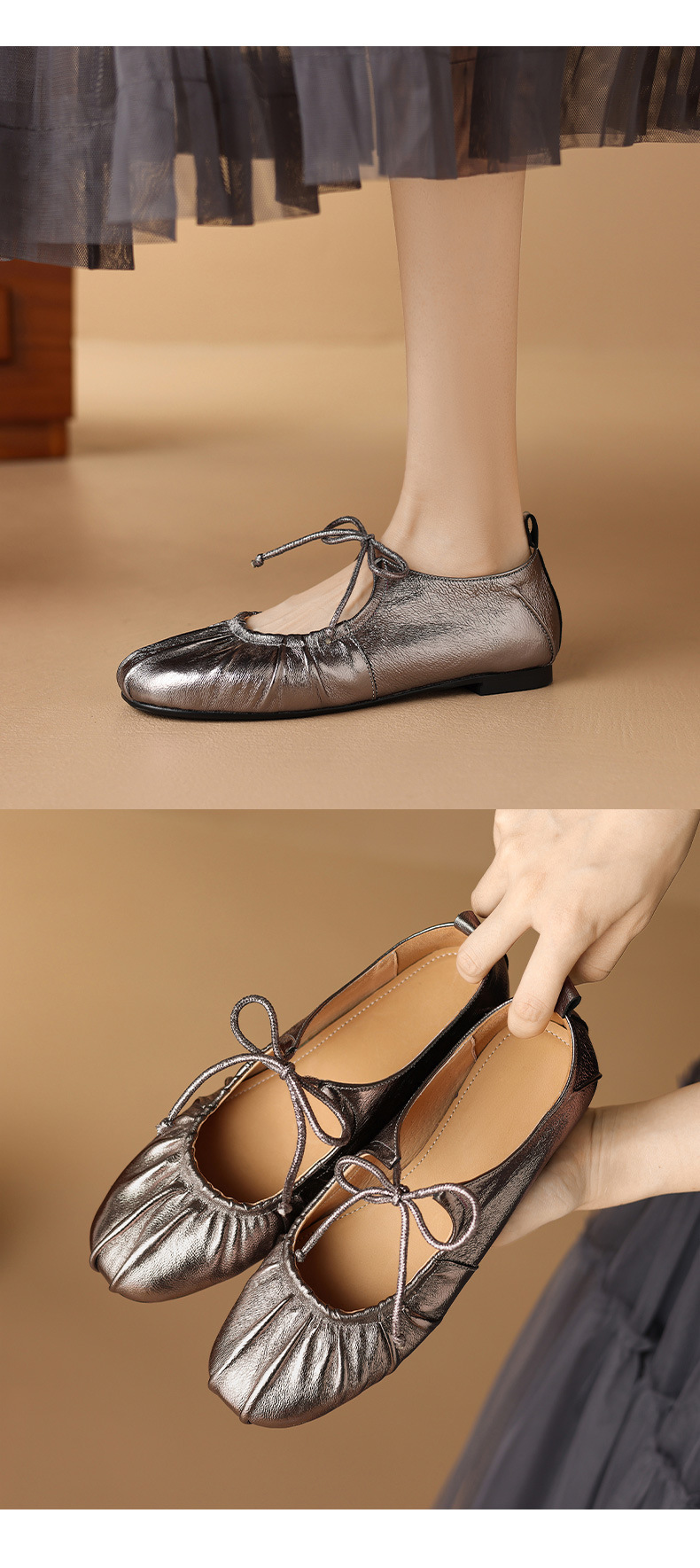Giày ballet nữ da cừu mềm mũi tròn đế bệt xếp ly nơ buộc dây — Màu súng chi tiết 11