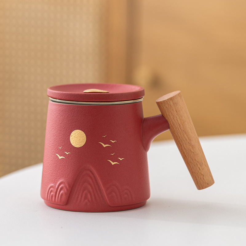 Guofeng Wenchuang marca taza de cerámica Zhoushan tres piezas juego de regalo de mano taza de calentamiento tallado comercial LOGO nombre