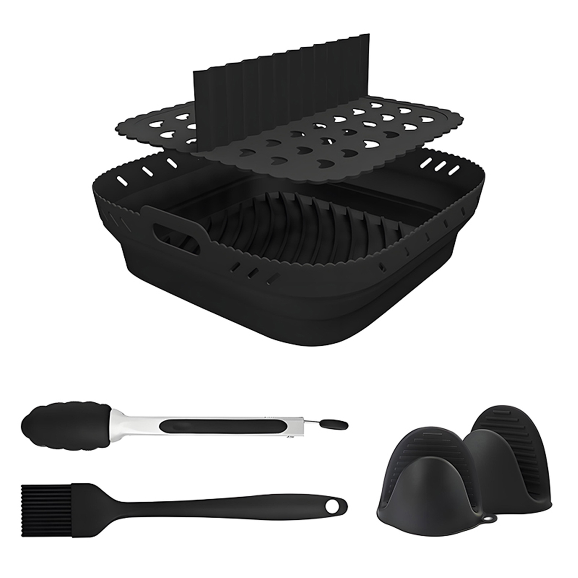 Almohadilla para olla frita de aire de 8,5 pulgadas bandeja para hornear cuadrada cepillo de aceite juego de clip de comida caja de papel kraft fabricante negro gris