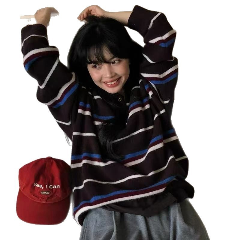2025秋冬新款韩系学院风条纹针织套头衫简约POLO领宽松减龄毛衣女|undefined