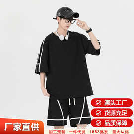 新品夏季男装套装两件套洋气男大码帅气短袖潮牌t恤运动服男港风