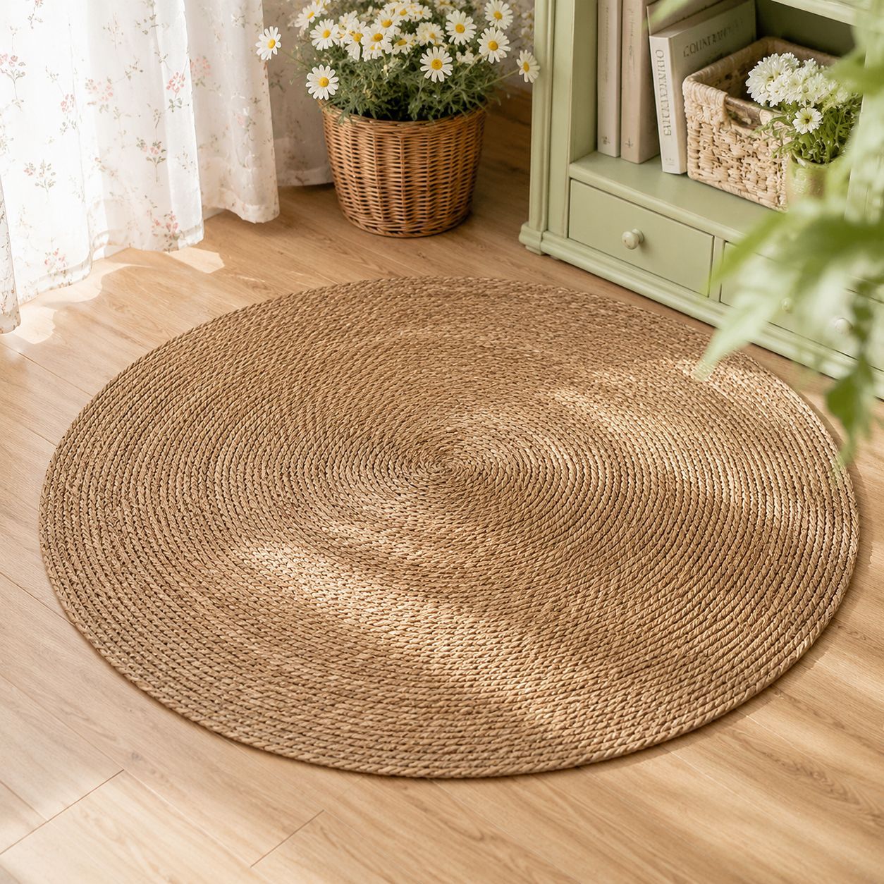 Alfombra Tejida de Espadaña de Paja, Circular, para Sala de Estar y Dormitorio image 3