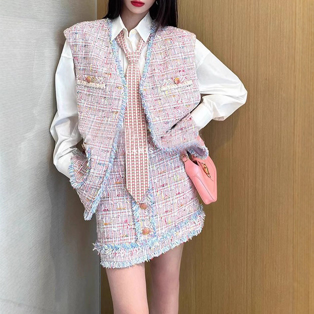 Nanyou Elegant New Versatile Small Fragrant Style Rainbow Plaid Tweed Vest Shorts Short Skirt Dress Four-Piece Set
