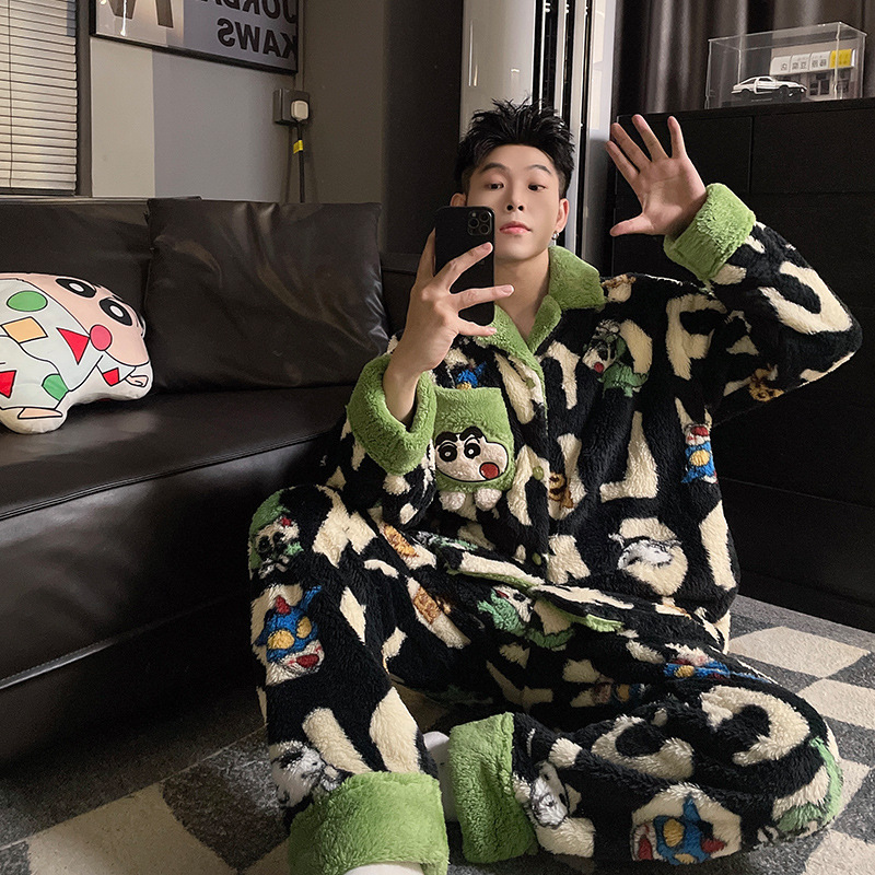 Autumn and Winter New Coral Velvet Pajamas Lapel Cardigan Cartoon Print Casual Wearable Men's Home Wear Set