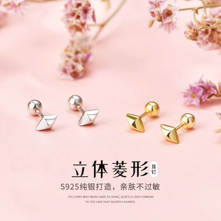 螺丝拧扣925银小耳朵侧耳骨钉女耳蜗耳钉六角形耳钉女纯银