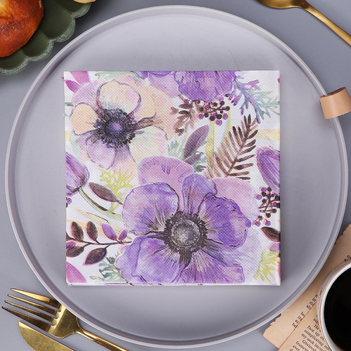 工厂新款创意个性复古紫色花卉 餐巾纸野餐装饰原生木浆纸巾