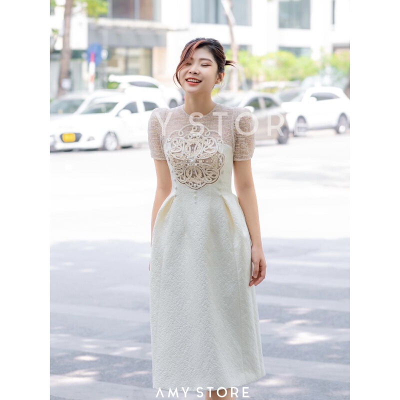 in stock Vietnamese Niche Designer Summer New Hollow Three-Dimensional Embroidered Braided Puff Sleeve Embossed dress