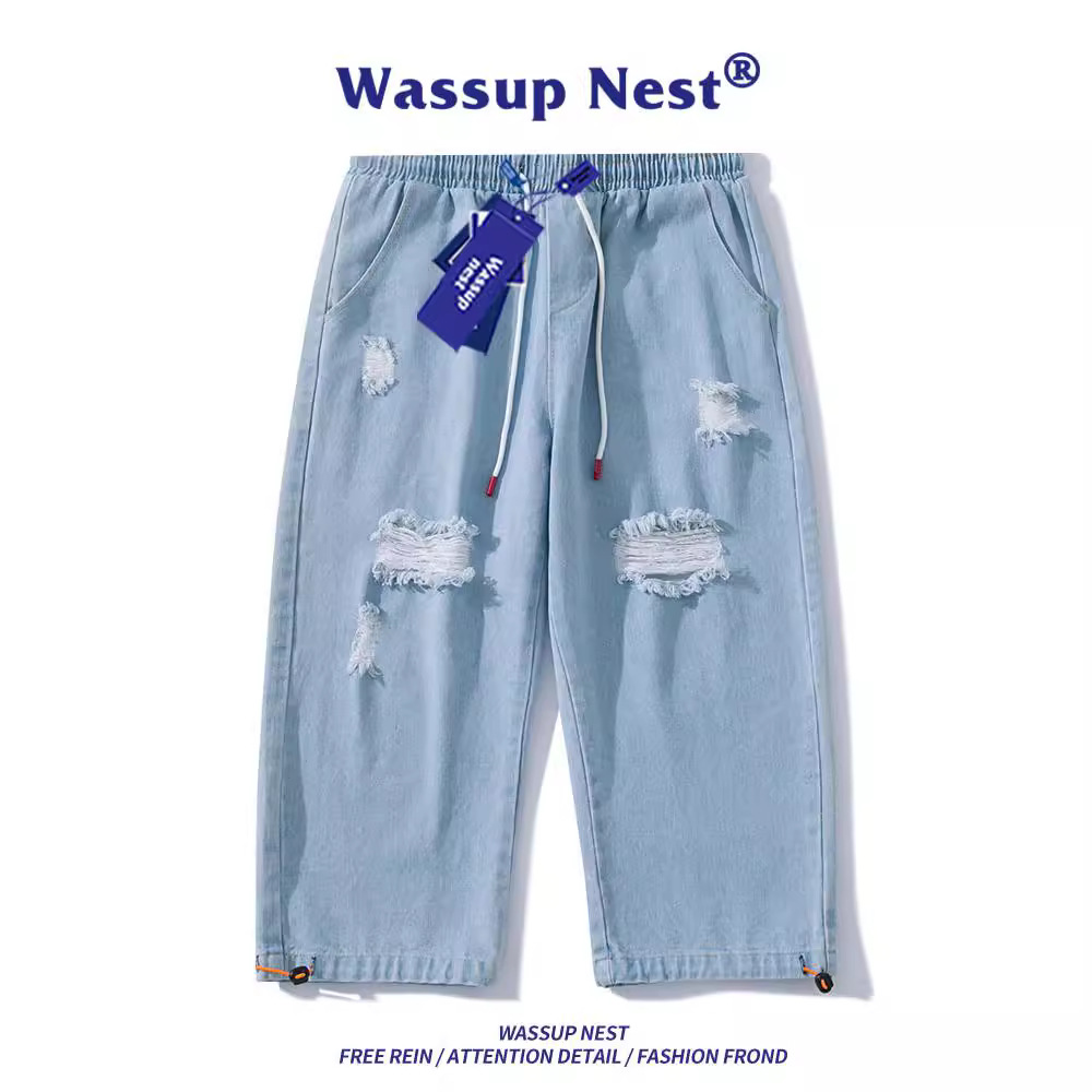 WASSUP NETS Cropped Pants Men's Summer Thin Loose Casual Pants Trendy Brand Ripped Jeans Men's Shorts