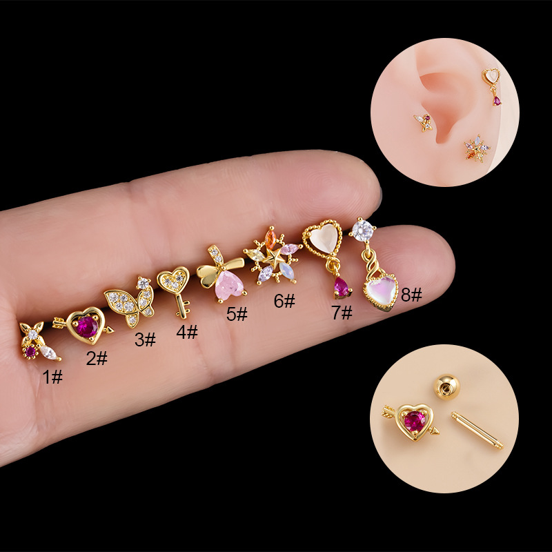 4g Weight Zircon Inlay Material Ear Studs Classification 1 Piece 316L Stainless Steel Copper Zircon Ear Cartilage Rings & Studs Heart Shape Butterfly Waterproof Non Tarnish Surgical Steel Women'S