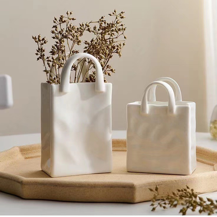 Ceramic vase wrinkled paper bag white vase modern minimalist light luxury white pottery white vase home decoration cross-border