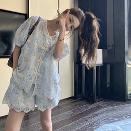 蓝色国风套装女小个子穿搭夏季2025新款蕾丝新中式时尚短裤两件套