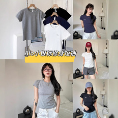 原標Alo小銀標アルファベットプリント丸首半袖修身痩せ運動百合ヨガ正肩上着tシャツ