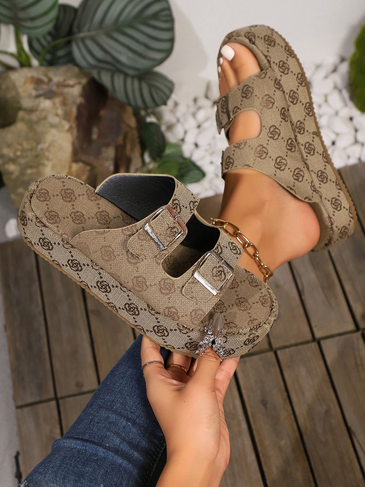 Women's Platform Slippers For Women Khaki Rose Canvas Shoes_voghion.com