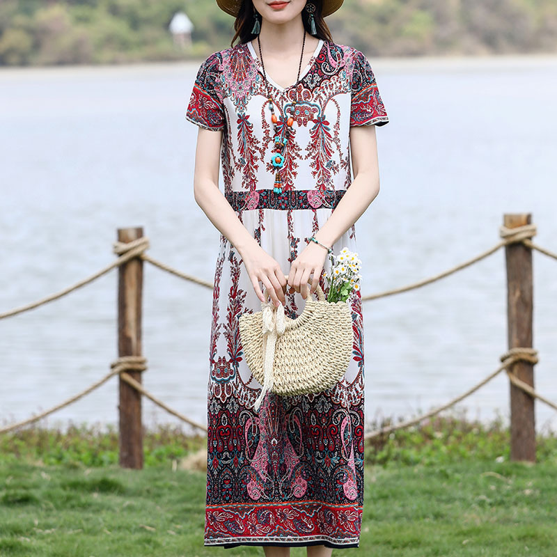 2025 新しい夏の中高年女性のロング膝上スカートカジュアル半袖ママコットンシルクドレス|undefined