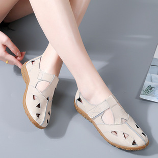 Summer New Women's Sandals, Cut Out Clogs, Genuine Leather Beanie Shoes, Casual Mom Shoes, Women's Flats, Nurse White Shoes