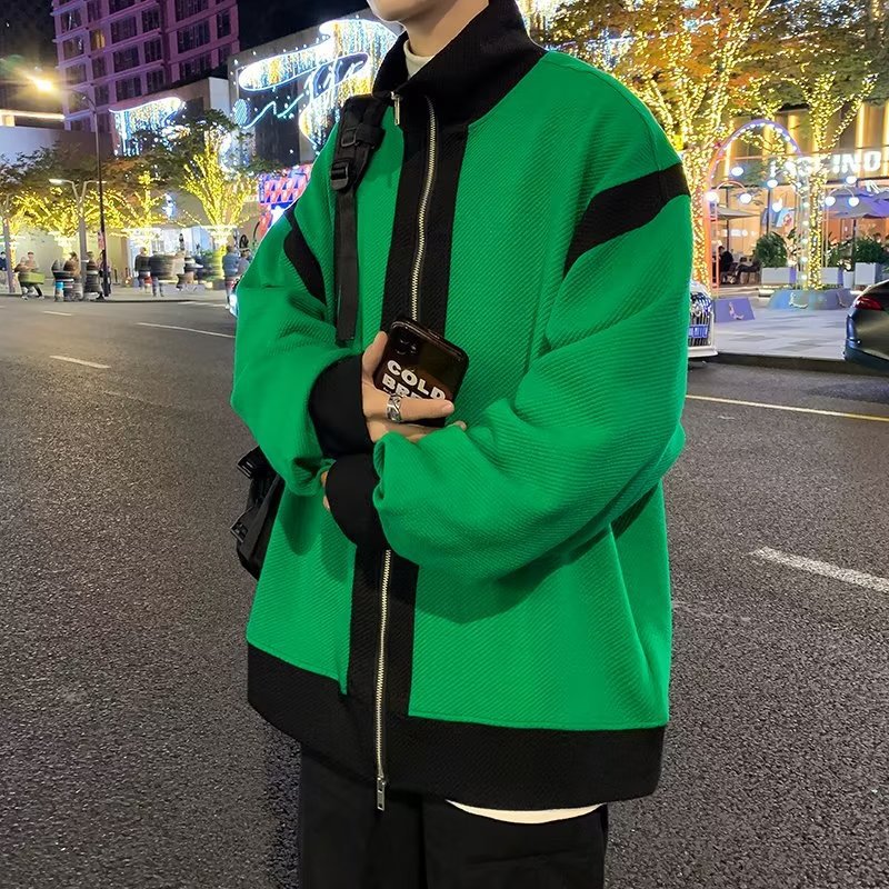 Chaqueta de todo fósforo para hombres, primavera y otoño, marca de moda suelta, chaqueta de color a juego al estilo de Hong Kong, top de moda casual guapo de moda