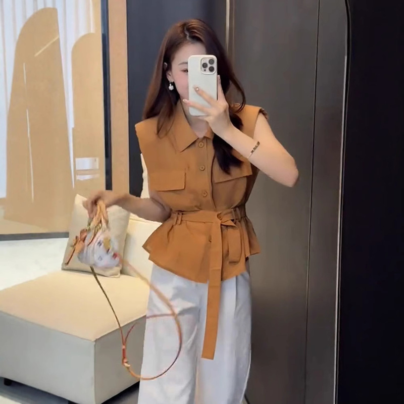 Temperament Fashionable Waist Slimming Look Belted Shirt Women's Summer Sleeveless Waistcoat Shirt Flying Sleeve Shirt Unique Top