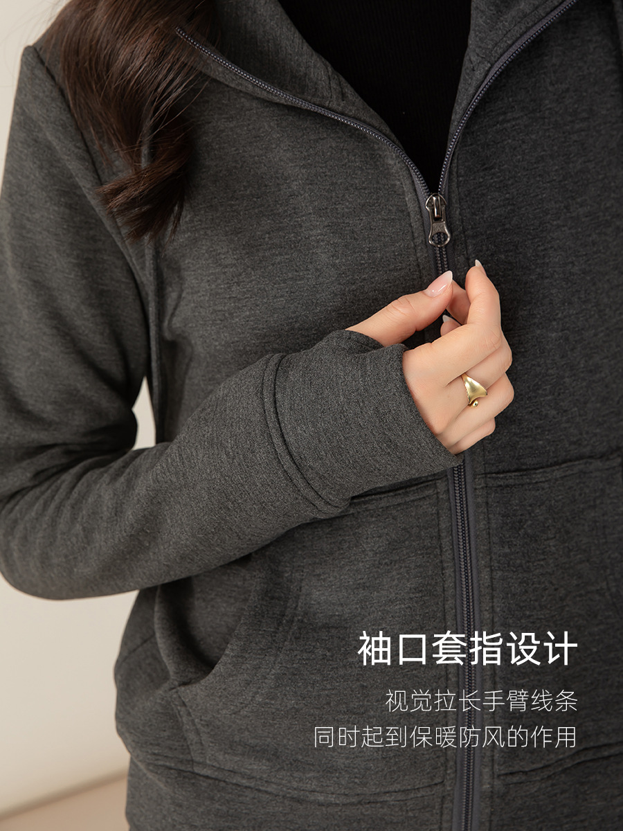 Bộ đồ thể thao nữ hai mảnh giả cashmere mũ trùm dáng rộng phong cách Hàn Quốc — Màu xám (bộ hai món)
