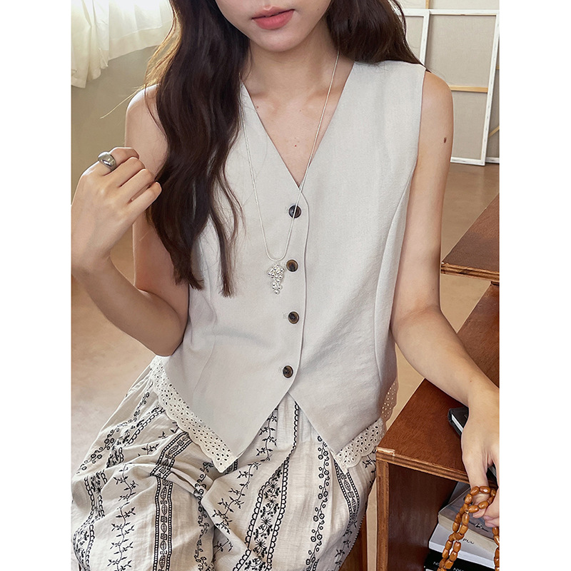 [Holiday Vest] Geming Korean Commuting V Neck Lace Suit Vest Women's Summer Sleeveless Top W183C