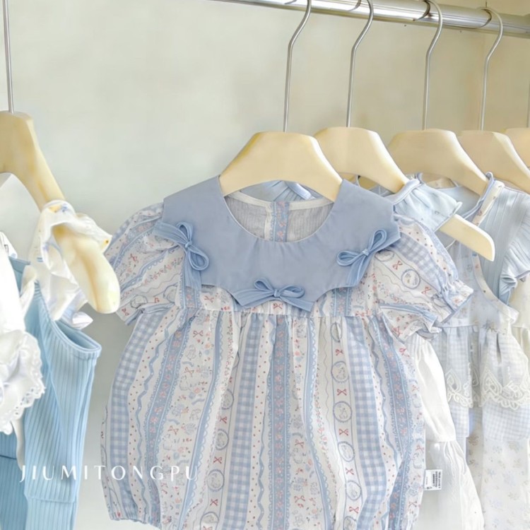 【小蓝兔】婴幼儿棉质女宝宝甜美可爱夏季清新哈衣精致蓝色