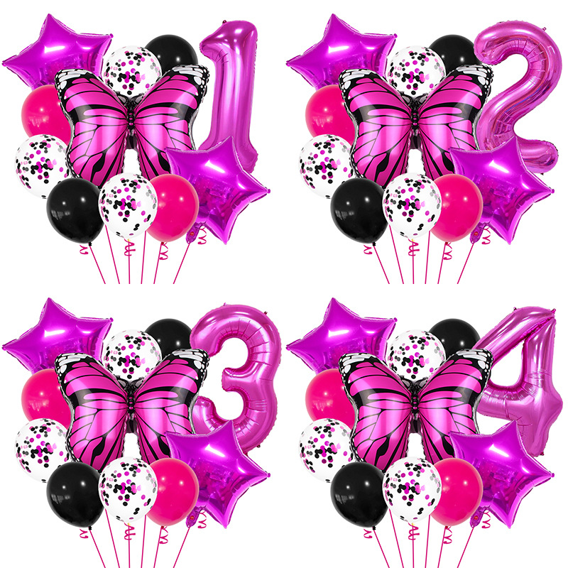 玫红色绚丽蝴蝶数字气球套装红黑芭比紫色生日派对拍照道具场景