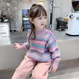 新款韩系童小女孩高级设计感条纹保暖上衣女童韩版秋冬季毛衣2024